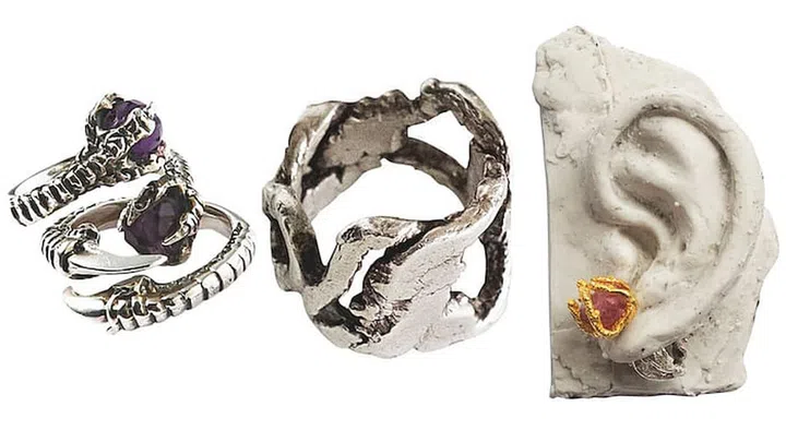 From left: Ring, about $955, KD2024; Ring, MAHIJA; Damini earring, about $227, MAHIJA x HARRYHALIM