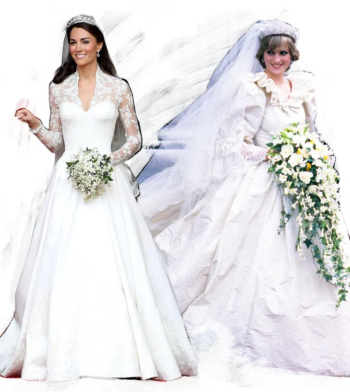 Diana at her wedding to Prince Charles in 1981; Kate at her wedding to Prince William in 2011.