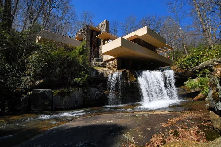 Frank Lloyd Wright's Fallingwater (also known as the Kaufmann Residence) sits atop a waterfall in Stewart Township, PA, just 43 miles southeast of Pittsburgh. Completed in 1939, the structure is considered one of the finest examples of Wright's work. Photo: Getty