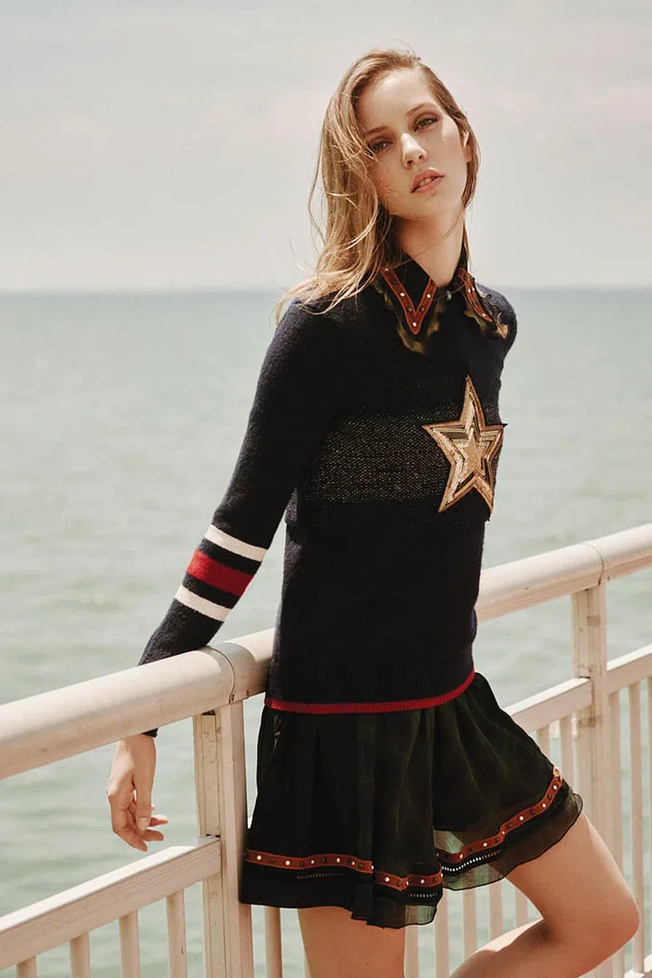 Wool Glitter Star  Crewneck jumper; silk Stud  Collar dress