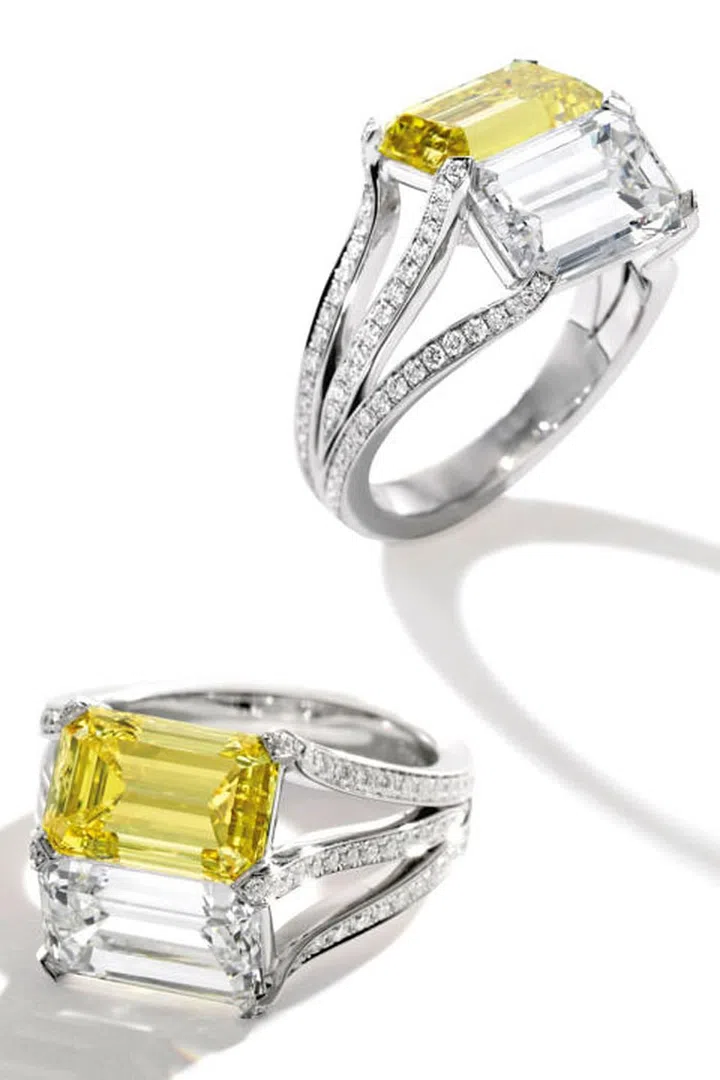 Platinum, Fancy Vivid Yellow Diamond and Diamond 'Twin' Ring, Carvin French
Estimate $120,000 — 150,000
Photo: Sotheby's
