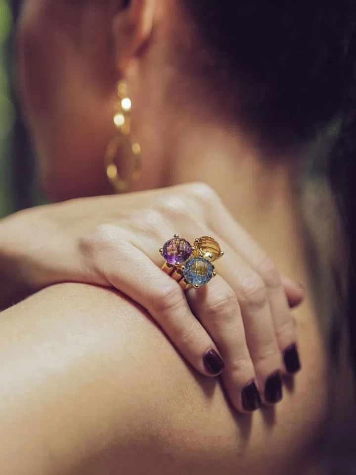 Singapore Jewellery Designer Joanne L's gold plated Celebration Solitaire rings with quartz, amethyst and topaz