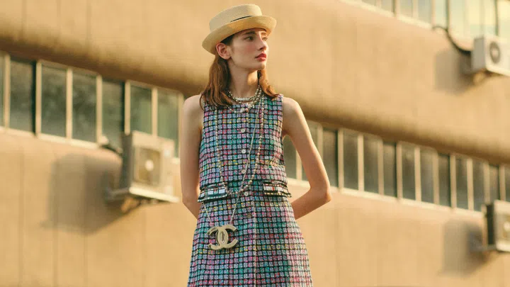 Chanel Straw Hat Chanel Tweed top and shorts, Chanel jewellery Chanel Double C Necklace Leather Shoes