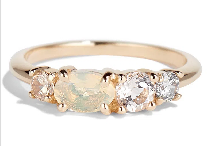 "Linear" ring with opal, morganite, and diamonds, $1,360, barrio-neal.com.
