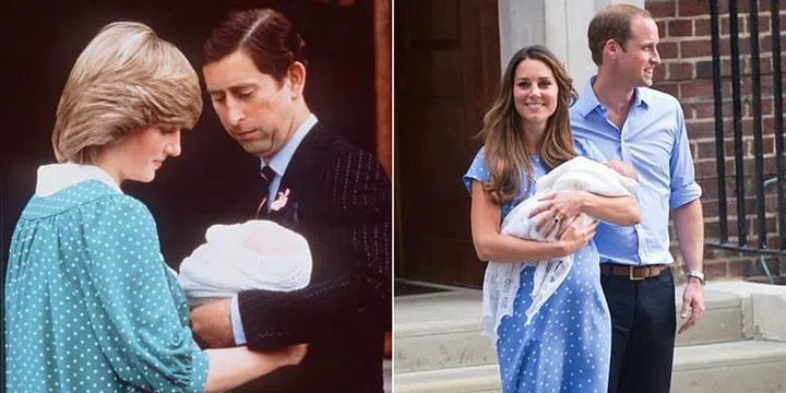 Diana in teal polka dots leaving St. Mary's Hospital with newborn Prince William in 1982; The Duchess of Cambridge also left St. Mary's Hospital after the birth of Prince George in 2013 wearing a nearly identical maternity dress by Jenny Packham.  