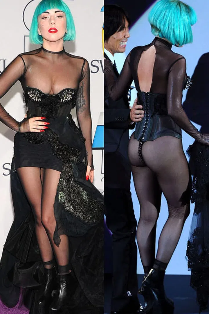 Gaga attended the 2011 CFDA Fashion Awards in a sheer black dress and bright blue bob. At first glance the dress wasn't completely naked, but as she took to the stage, she removed the bottom half of her skirt in true Gaga fashion. Photo: Getty