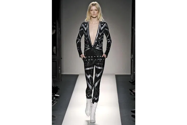 The spangles, glitter and attitude of Christophe Decarnin's runway all screamed rock, but it was the lightning bolt jumpsuit that was pure Ziggy Stardust. ; Photo: Getty