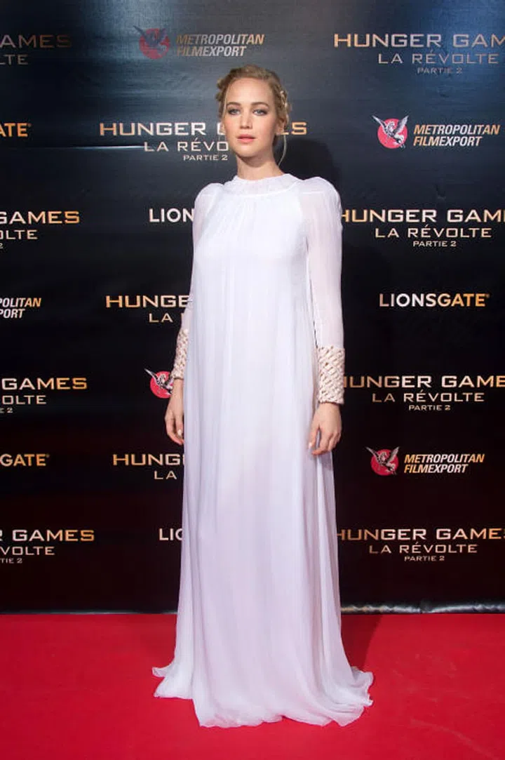 In Christian Dior couture at the Paris premiere of The Hunger Games: Mockingjay Part 1. Photo: Getty