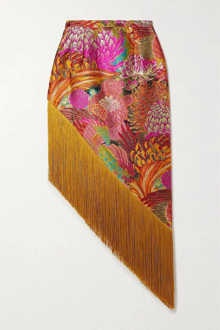 Cunard Fringed Asymmetric Lurex And Satin-Jacquard Skirt, $1,081, Taller Marmo at Net-a-Porter 