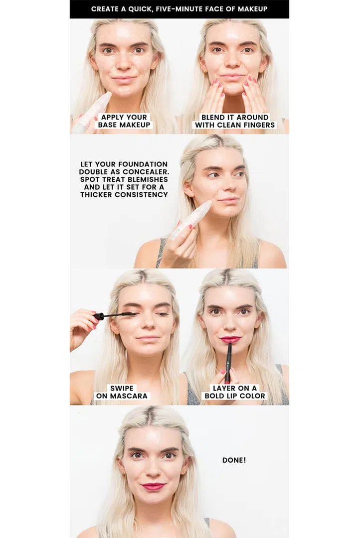 7. Create a full face of makeup fast by using only three products. Choose a base that you love and apply it all over, then blend. Try Milk Sunshine Skin Tint, which has a rollerball tip for a quick application. Then, spot-treat blemishes with a dot of foundation and let it dry a little; that way, the consistency becomes thicker and acts more like concealer. As your foundation sets on any trouble spots, apply mascara to your lashes and wiggle it against your lash line if you want to apply it as liner (see above tip no. 6). I used Rodial XXL Glamolash Mascara here. Finally, pat to blend the foundation you applied over any blemishes and apply a bold lip color, like E.L.F. Cosmetics Matte Lip Color in "Wine." A statement lip will always make you look like you spent more time on your makeup than you did.