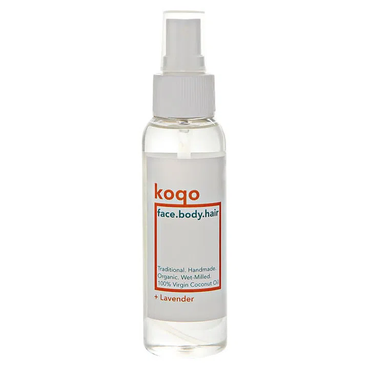 A lavish treat, this detoxifies and strengthens the roots and follicles while thoroughly pampering any dry, sensitised areas of the scalp. Premium organic, handmade, wet-milled virgin coconut oil keeps strands smooth, healthy and oh-so-glossy.

face.body.hair Handmade Coconut Oil + Lavender Spray, $25, Koqo
