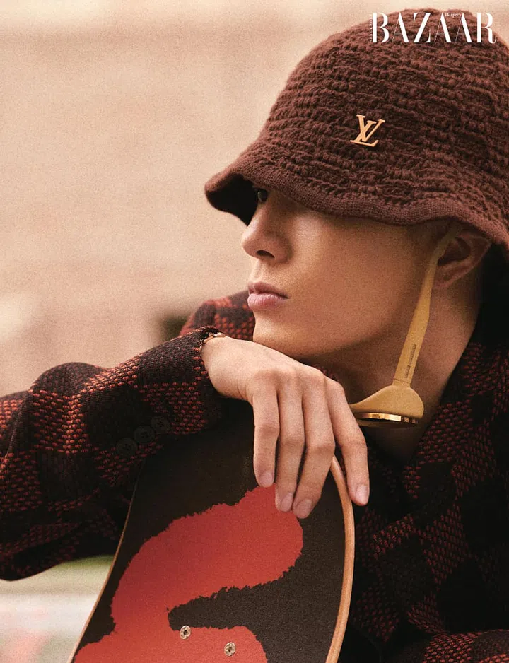 Jacket; hat; sunglasses; skateboard, Louis Vuitton. Photo: Yu Cong