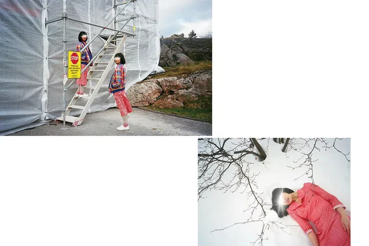 “I started this project while residing in Finland from 2011 to 2013. I started taking self-portraits of myself in public and private places like a typical tourist. I then created this character with a beam over her eyes by chance. It has now become an art performance staged in real-life where life and art become blurred.”