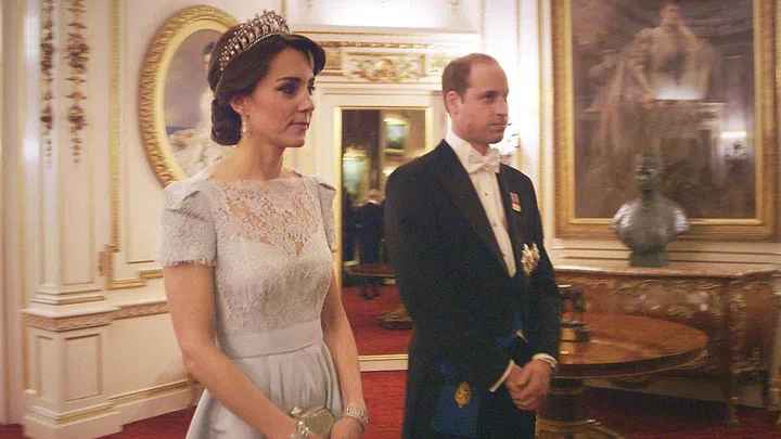 The Duchess previously wore the Cambridge Lover's Knot Tiara at the Annual Diplomatic Reception in 2015, paired with an ice blue Alexander McQueen gown.

