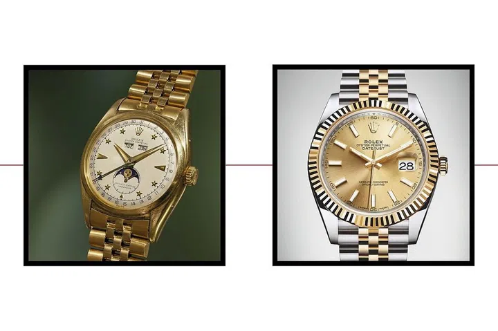 For their 40th Anniversary in 1945, Rolex introduced the Datejust model. It depicts the hours and minutes with a distinctive "Cyclops" magnifying date lens added during the 1950s. While variations of the classic watch change little over time, the current model is offered in "Rolesor," an attractive combination of gold and steel unique to Rolex.
Rolex Reference 6062, from the 1950s, is a very rare exception to a brand that otherwise abstains from too many complications. One of only two Rolex models to feature a yellow gold triple calendar with a moon phase, the watch is nicknamed the "Stelline" because of the fabulous star-shaped indices. The "Stelline" came to auction at Phillips' "Rolex Milestones" event on November 28th in Hong Kong and brought in $660,000.