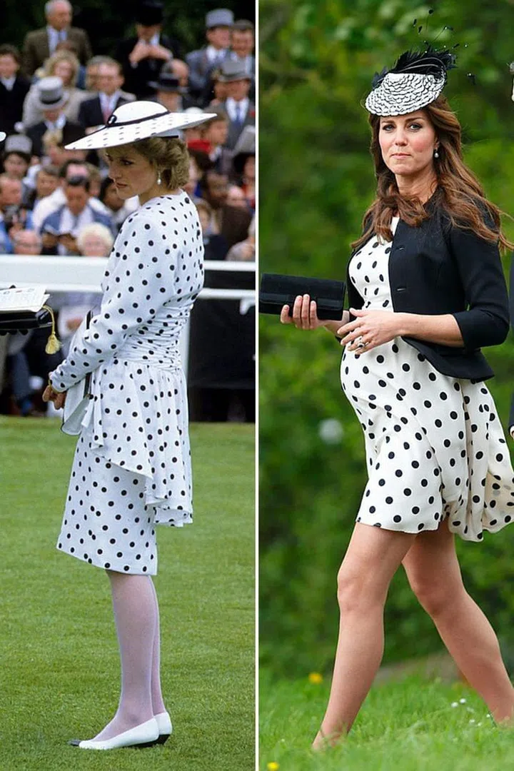 Princess Diana accessorised a  Victor Edelstein peplum dress with a polka dot hat at the Epsom Derby in 1986; Kate finished her polka dot maternity look from Topshop with a hat at wedding near Oxford, England in 2013. 

Photo Getty. 