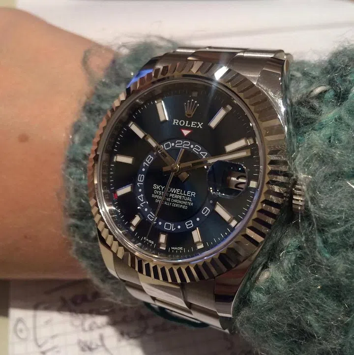 Here, a blue-faced Sky-Dweller in steel and white gold. New bi-coloured editions are being introduced into the collection for the first time