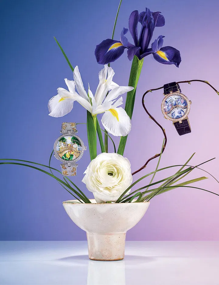 From left: White gold, sapphire, spessartite and diamond Lady Arpels Pont des Amoureux Été watch; rose gold and diamond Lady Arpels Pont des Amoureux Jour watch, both from Van Cleef & Arpels (Photo: Hosanna Swee)