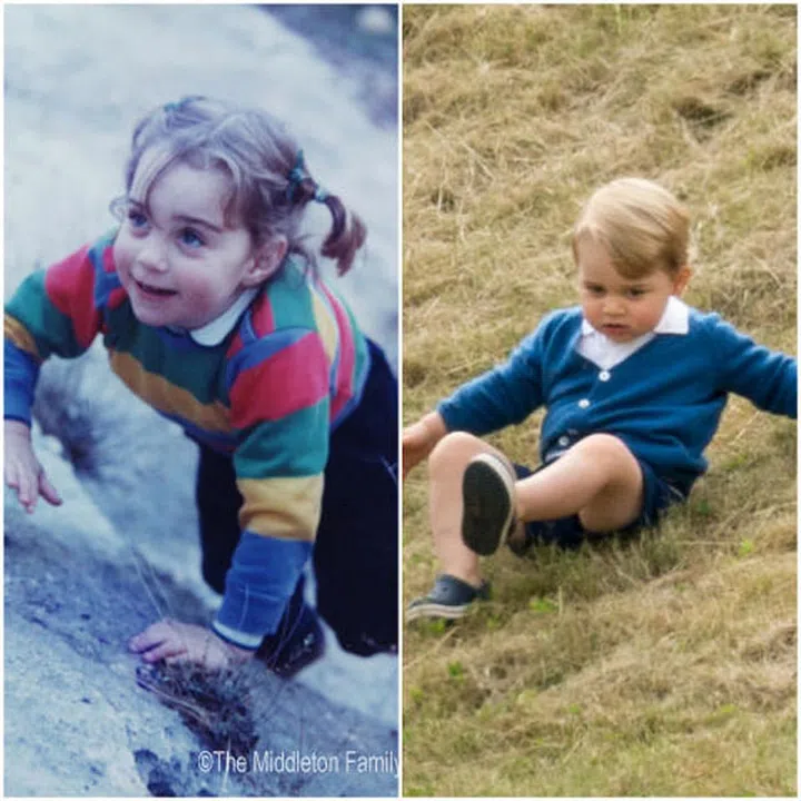 Much like a three-year-old Kate, her son was intently focused on climbing and crawling outdoors on June 14, 2015. Photo: Rex Features