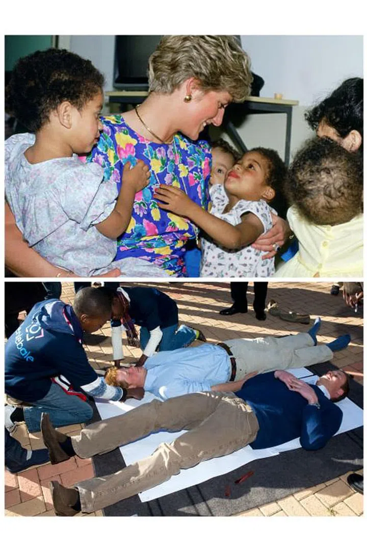 One of Diana's most iconic moments came in the late 1980s, when she hugged, shook hands with and held people with HIV or AIDS at a time when people were terrified to do so. In this photo, her sons play with children affected by HIV at a camp in Lesotho.