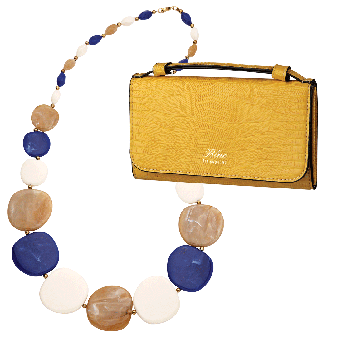 Wallet, $323, Blue Les Copains. Necklace, $23, Anne Kelly