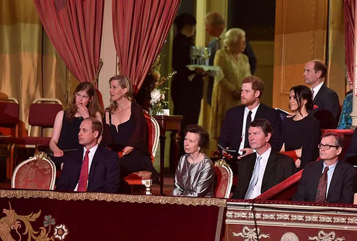 Lady Louise, Sophie, Countess of Wessex, Prince William, Princess Anne, Prince Harry and Meghan Markle watch the show.