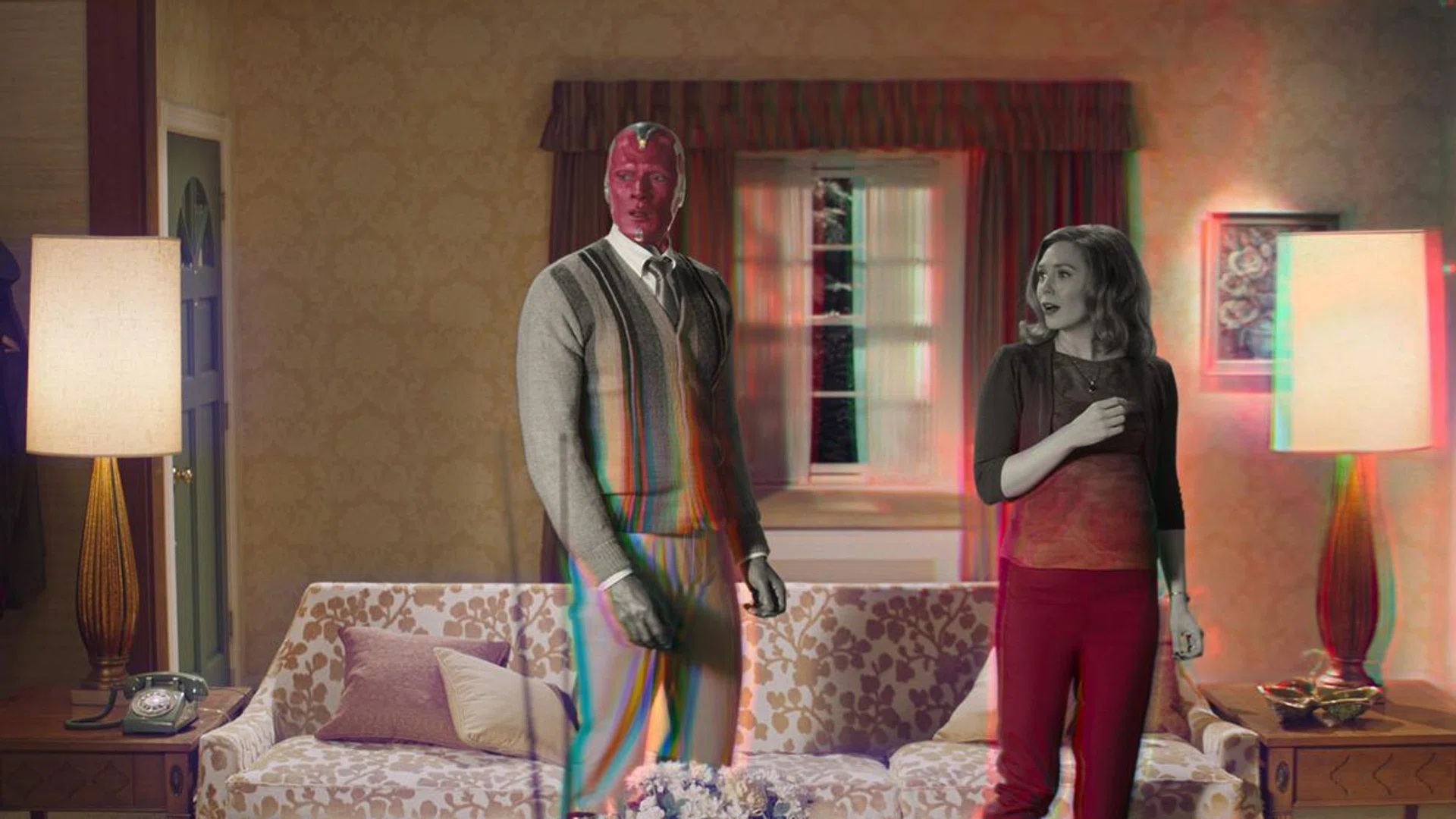Elizabeth Olsen as Wanda Maximoff and Paul Bettany as Vision in Marvel Studios’ WandaVision. Photo: Courtesy