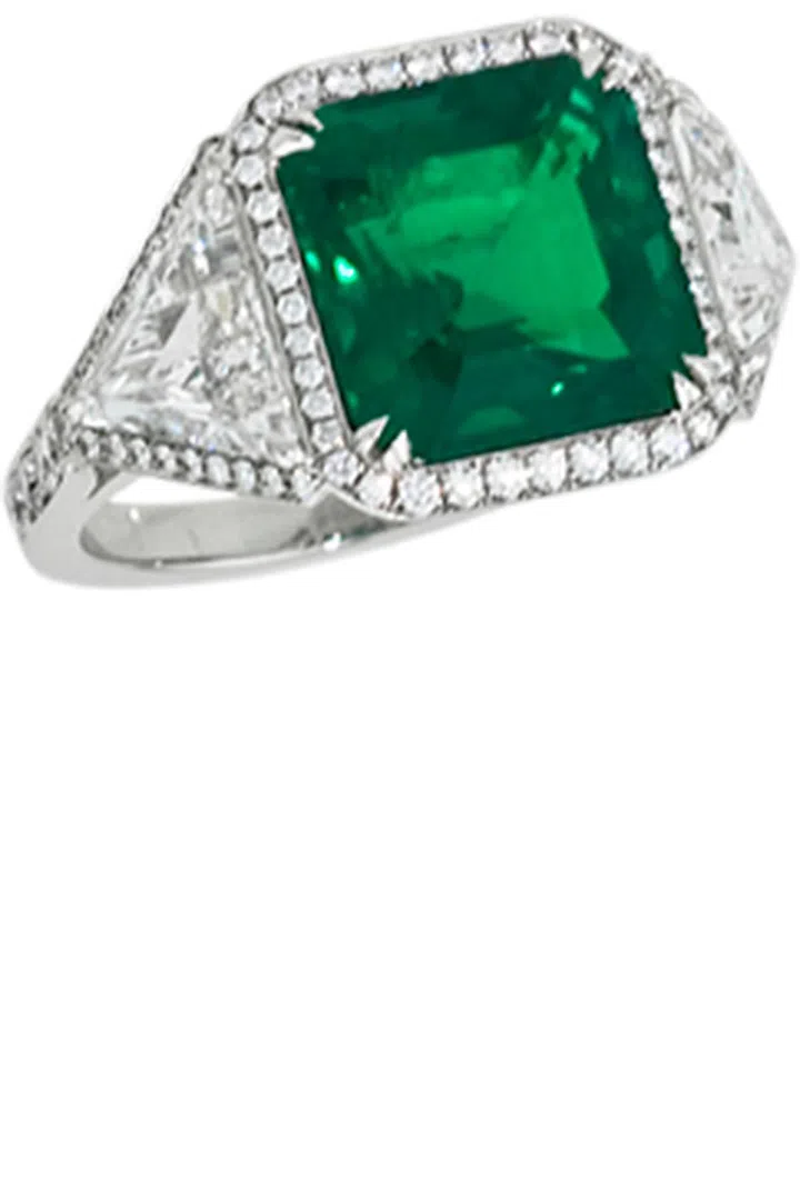 Diamond, Colombian Emerald and Platinum ring, Price upon request, stephenrussell.com.
