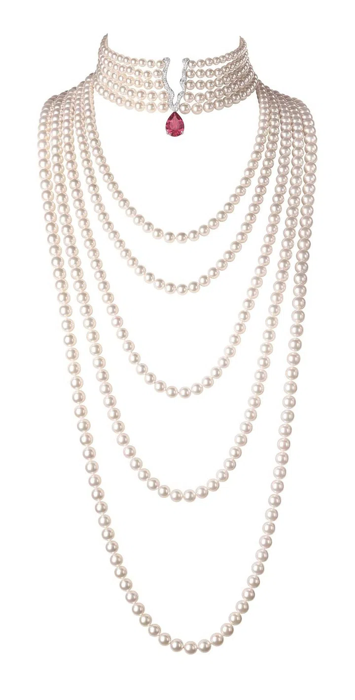 White gold, pearl, spinel and diamond Red Carpet Collection necklace, Chopard. (Photo: Chopard)