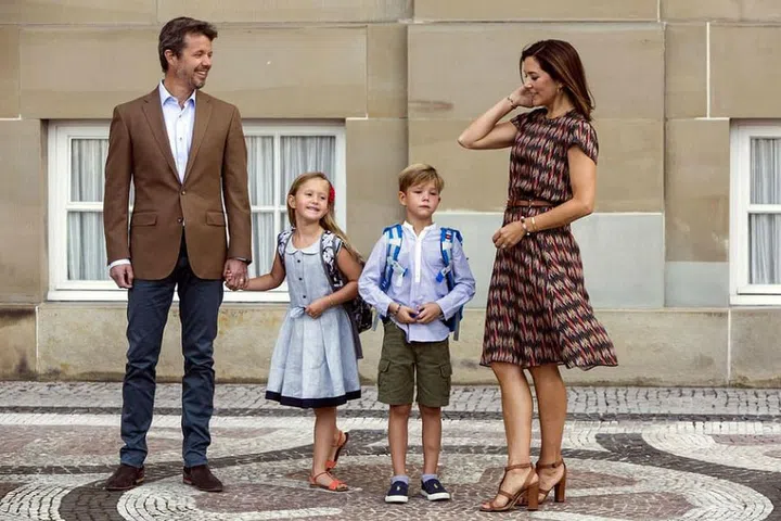 Prince Frederik and Princess Mary accompany their children Princess Josephine and Prince Vincent to the first day at school in Copenhagen, Denmark.