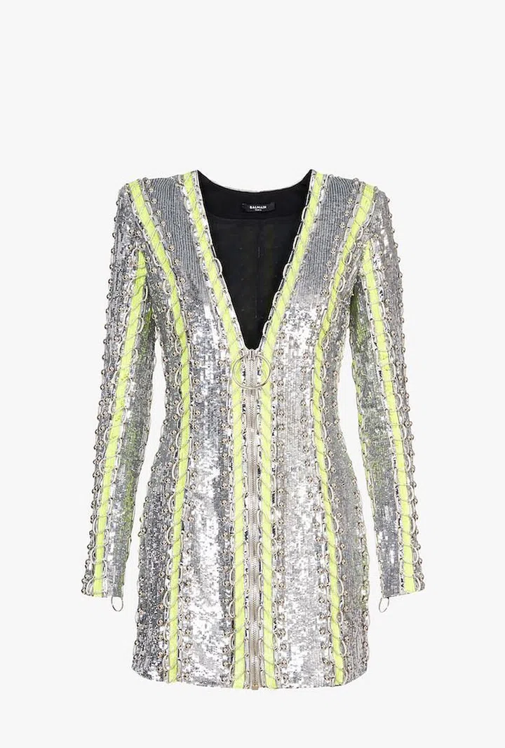 Short Silver And Lime-Green Mmbroidered Dress, $12,300, Balmain