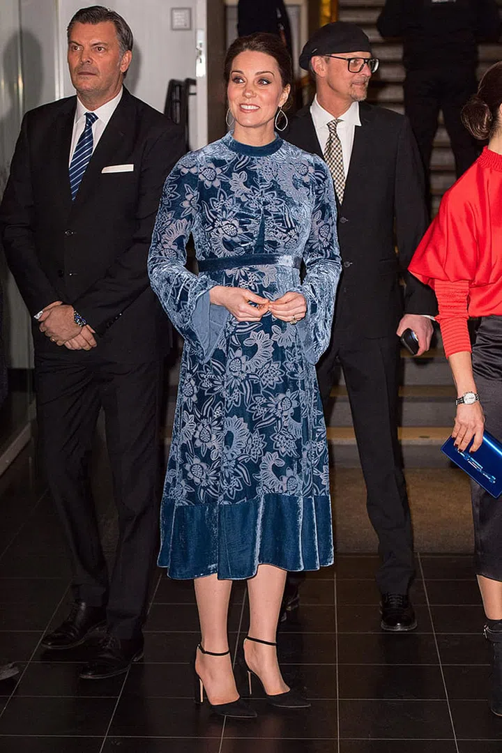 For her final night in Stockholm, Kate wore a blue velvet Erdem dress for a celebration at the Fotografiska Gallery. Photo: Getty