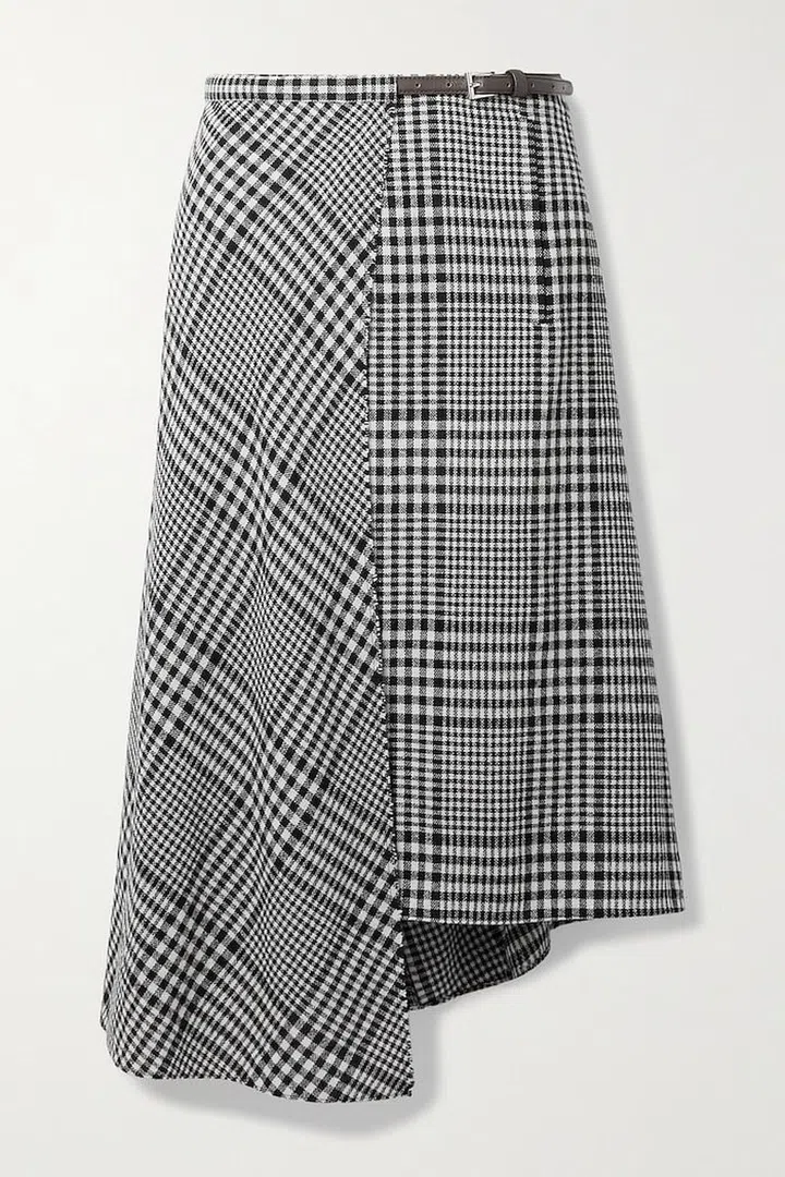 + NET SUSTAIN Sterling Leather-Trimmed Checked Wool-Blend Wrap Midi Skirt, $852, TIBI at Net-a-Porter