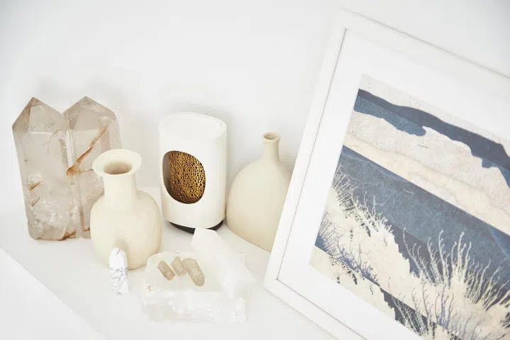 Wong’s collection of crystals and ceramic vessels adorning a corner in his living room. Photo: Veronica Tay.