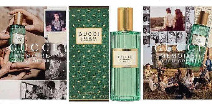 The Gucci Memoire d'une Odeur campaigns featuring Harry Styles; the vintage-inspired fragrance bottle