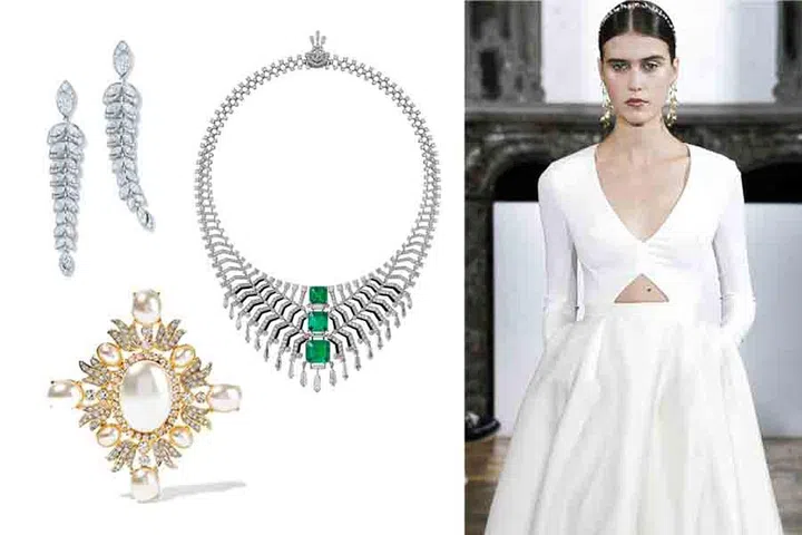 Clockwise from top left: Tiffany Blue Book 2016 diamond earrings. Cartier Magicien platinum, onyx, emerald and diamond necklace. Kennth Jay Lane gold-plated, crystal and faux pearl brooch, from www.net-a-porter.com