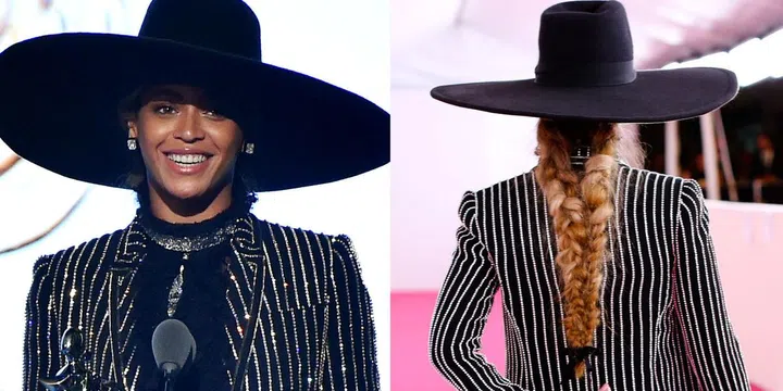 Like all things Bey, even her braids are cooler than yours. Make pigtails, tease the length for fuzziness, then four-strand braid each down to the halfway point, where you'll fuse them together.