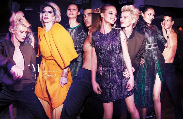 Detox (second left) wears coat; pants, Céline. Earrings; bracelets, Detox’s own. From left: Dress, Burberry. Jacket; pants, Coach. Dress, Burberry. Jacket, Moncler. Pants, Saint Laurent. 
Sneakers, Jimmy Choo