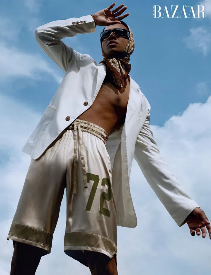 Jacket, Prada. Shorts; sunglasses, Dolce&Gabbana. Scarf; jewellery, model’s own