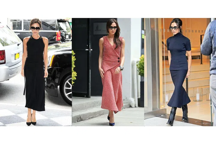 Victoria Beckham more often than not designs the silhouette she favours most — an ankle-length structured dress or skirt. Oversizes sunnies come in a close second. 