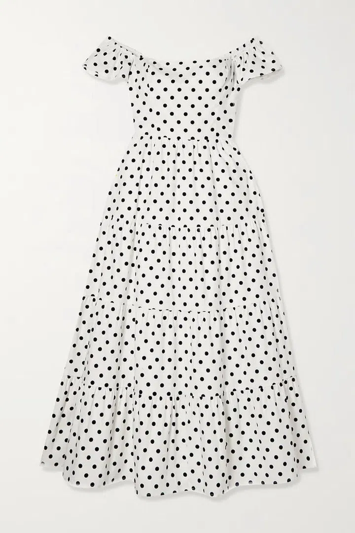 Derek Off-the-Shoulder Polka-Dot Organic Cotton-Blend Midi Dress, $492, Reformation at Net-a-Porter
