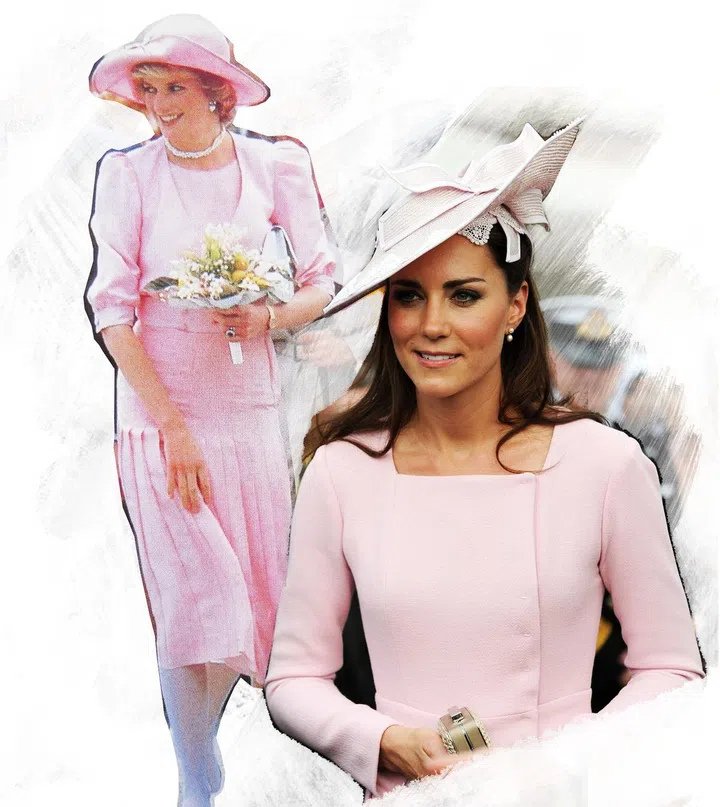 Diana wearing Catherine Walker in Sicily during the Royal Tour of Italy in April 1985; Kate in Emilia Wickstead at a garden party at Buckingham Palace in May 2012.