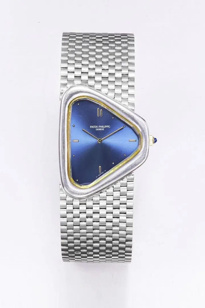 18k white gold triangular bracelet watch from Patek Philippe with diamond crystal glass, manufactured in 1991. Photo: Courtesy of Christie's
