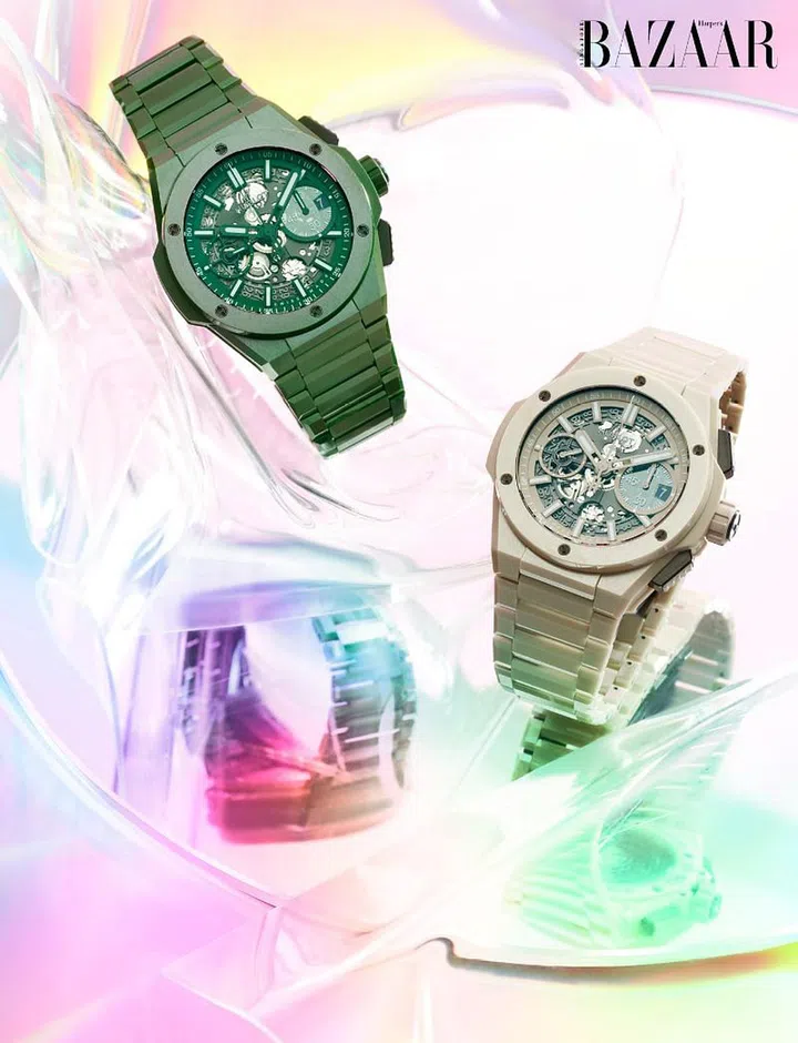 From top: Ceramic Big Bang Integrated Green Ceramic (42mm) watch; ceramic Big Bang Integrated Beige Ceramic (42mm) watch