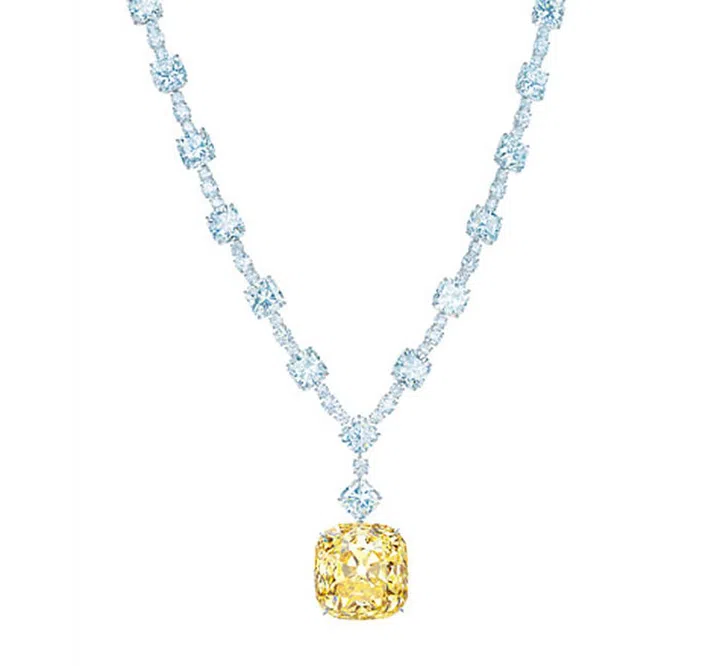 The 128.54-carat yellow Tiffany Diamond is synonymous with Tiffany jewelry, and it has become a symbol of the company's enduring grandeur. In 2012, the stone was reset into a necklace accented by white diamonds in celebration of Tiffany's 175th anniversary. The necklace is now on permanent display in the brand's Fifth Avenue flagship store in New York City.