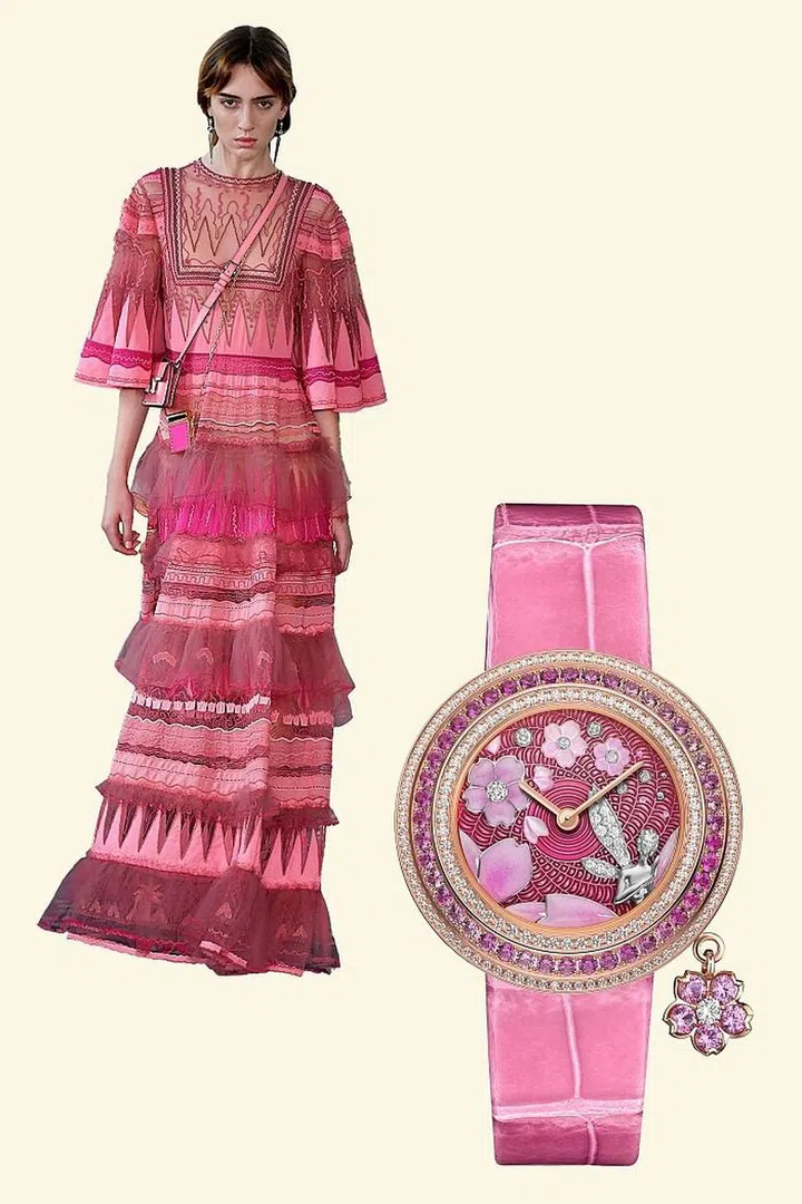 Head-to-toe feminine florals were everywhere this season: Matching the delicate pieces on the Valentino runway is the limited-edition Charms Extraordinaire Fée Sakura watch by Van Cleef & Arpels, which features a sculpted and hand-painted mother-of-pearl dial adorned with Japanese cherry blossoms against a background of cabochonné enamel, diamonds, and pink sapphires. It's a mouthful, but it's stunning, right?

Charms Extraordinaire Fée Sakura, $67,500, vancleefarpels.com