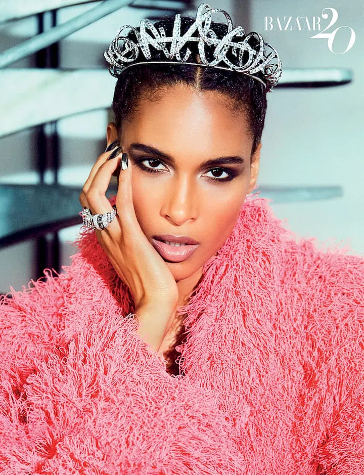 Coat, Bottega Veneta. Torsade de Chaumet white gold and diamond tiara; rings, Chaumet. (Photo: Ellen von Unwerth)