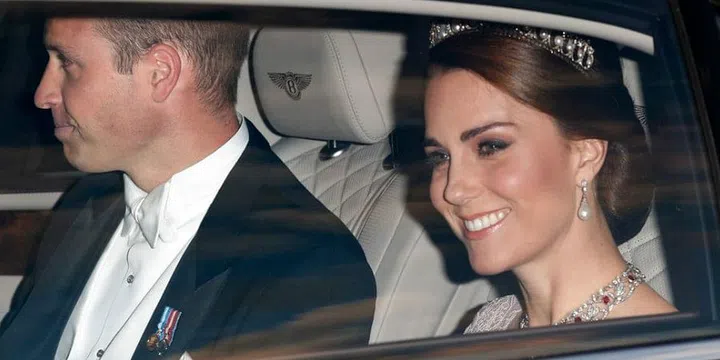 Prince William and Kate Middleton attend a State Banquet at Buckingham Palace in London, an occasion for which the Duchess wore one of Princess Diana's tiaras.