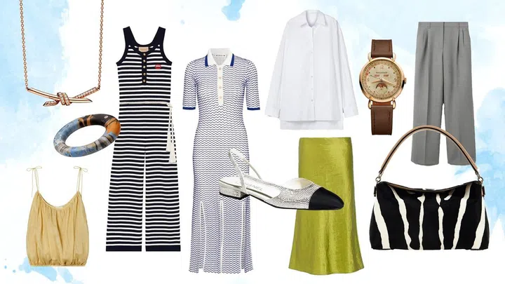 Clockwise from top: Necklace, $3,550, Tiffany&Co. Jumpsuit, $3,300, Gucci. Dress, about $410, REMAIN. Shirt, $1,758, The Row. Watch, Jaeger-LeCoultre. Trousers, $1,850, Burberry. Bag, Tod’s. Skirt, $1,940, Prada. Pump, $4,200, Chanel. Top, Tory Burch. Bangle, Hermès.