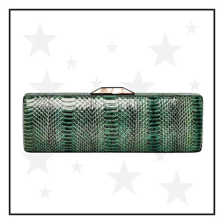 The combination of jewel-tones and reptile skin makes this clutch an unfailing eye-catcher.